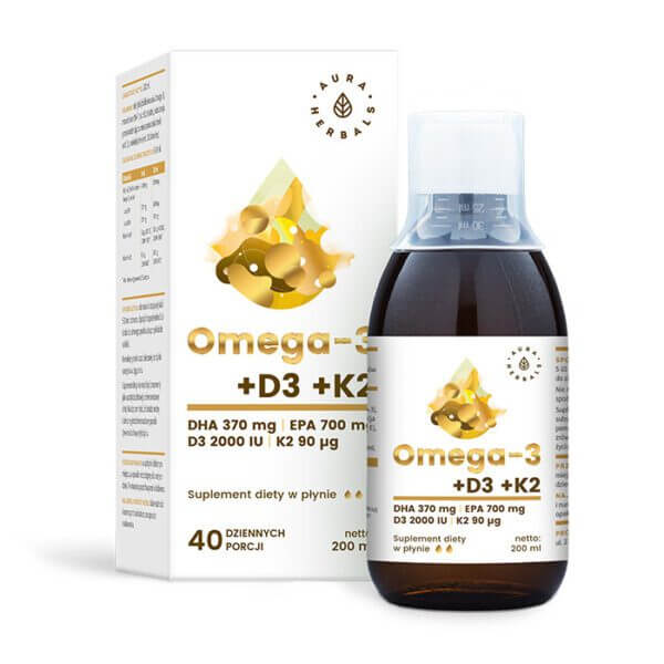 AURA HERBALS Omega-3 (370 DHA) + D3 (2000 IU) + K2MK7 w Płynie (200 ml) FilarZdrowia