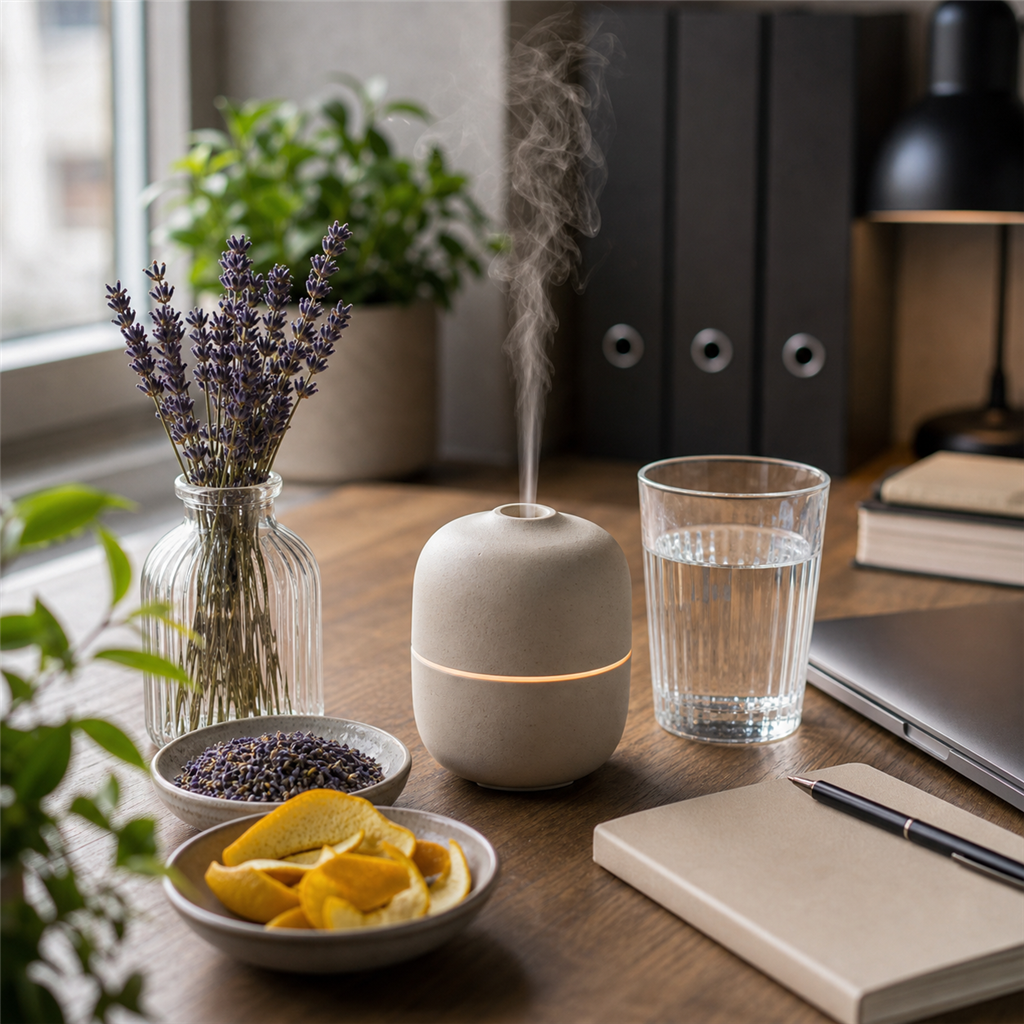 🌸 Aromaterapia w pracy — dyskretny rytuał na stres 4 Aromaterapia w pracy na stres – dyskretne olejki eteryczne i rytuały relaksacyjne